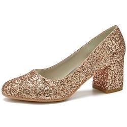 Damen Glitter Pumps Blockabsatz Geschlossene Zehe Hochzeit Brautschuhe Party Schuhe CG1195-01DLP,Champagne,41 EU von GGBLCS