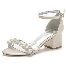 Frauen Brautschuhe Blockabsatz Knöchelriemen Peep Toe Satin Perle Strass Party Hochzeit Sandalen 702-8,Champagne,41 EU von GGBLCS