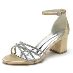 GHSIRUEU Brautschuhe Damen Sandaletten mit Blockabsatz Strass Offener Zehen Knöchelriemen Sommerschuhe,Champagne,39 EU von GHSIRUEU