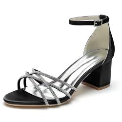 GHSIRUEU Brautschuhe Damen Sandaletten mit Blockabsatz Strass Offener Zehen Knöchelriemen Sommerschuhe,Schwarz,37 EU von GHSIRUEU