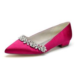 GHSIRUEU Damen Ballerinas Spitzschuh Niedriger Absatz Bequeme Satin Hochzeit Brautschuhe mit Strass,Fuchsia,41 EU von GHSIRUEU