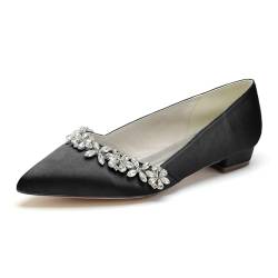 GHSIRUEU Damen Ballerinas Spitzschuh Niedriger Absatz Bequeme Satin Hochzeit Brautschuhe mit Strass,Schwarz,42 EU von GHSIRUEU