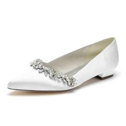 GHSIRUEU Damen Ballerinas Spitzschuh Niedriger Absatz Bequeme Satin Hochzeit Brautschuhe mit Strass,Weiß,36 EU von GHSIRUEU