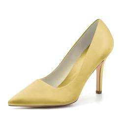 GHSIRUEU Damen Geschlossene Zehen Absatzschuhe Slip auf Pumpen Bequem Satin Hochzeitsschuhe Brautschuhe,Gold,38 EU von GHSIRUEU