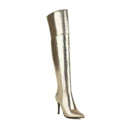 GHSIRUEU Damen Glitzer Spitze Zehen Stöckel Absatz Overknee Hohe Stiefel mit Reißverschluss Langschaft Ritterstiefel,Gold,48 EU von GHSIRUEU