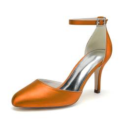 GHSIRUEU Damen Hochzeitsschuhe Brautschuhe Geschlossene Zehe Knöchelriemen Satin Pumpen,Orange,36 EU von GHSIRUEU