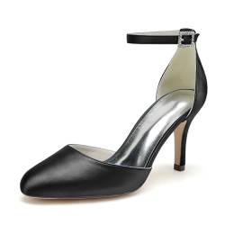 GHSIRUEU Damen Hochzeitsschuhe Brautschuhe Geschlossene Zehe Knöchelriemen Satin Pumpen,Schwarz,35 EU von GHSIRUEU