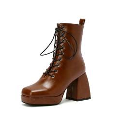 GHSIRUEU Damen Mode-Stiefel Plattform Stiefeletten Quadratische Zehe Höhen Blockabsatz Klassische Schnürstiefel,Braun,34 EU von GHSIRUEU