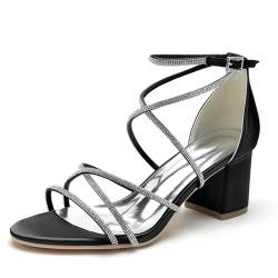 GHSIRUEU Damen Sandalen Blockabsatz Sandaletten mit Mittlerer Absatz Strass Riemchensandalen Sommerschuhe,Schwarz,39 EU von GHSIRUEU