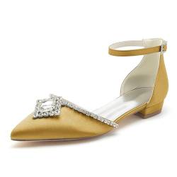 GHSIRUEU Damen Satin Geschlossene Zehen Ballerinas Knöchelriemen Brautschuhe Flache Schuhe mit Strass,Gold,39 EU von GHSIRUEU