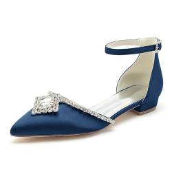 GHSIRUEU Damen Satin Geschlossene Zehen Ballerinas Knöchelriemen Brautschuhe Flache Schuhe mit Strass,Marine,38 EU von GHSIRUEU