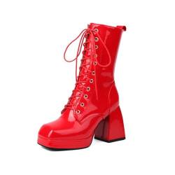 GHSIRUEU Damen Schnüren Kampfstiefel Klassische Lackleder Quadratische Zehe Blockabsatz Bequem rutschfeste Winterstiefel,Rot,43 EU von GHSIRUEU