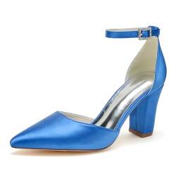 GHSIRUEU Damen Spitzschuh Komfort Stämmiger Absatz Blockabsatz Knöchelriemen Schnalle Satin Hochzeitsschuhe Brautschuhe,Blau,36 EU von GHSIRUEU