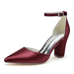 GHSIRUEU Damen Spitzschuh Komfort Stämmiger Absatz Blockabsatz Knöchelriemen Schnalle Satin Hochzeitsschuhe Brautschuhe,Burgundy,41 EU von GHSIRUEU