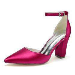 GHSIRUEU Damen Spitzschuh Komfort Stämmiger Absatz Blockabsatz Knöchelriemen Schnalle Satin Hochzeitsschuhe Brautschuhe,Fuchsia,42 EU von GHSIRUEU