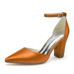 GHSIRUEU Damen Spitzschuh Komfort Stämmiger Absatz Blockabsatz Knöchelriemen Schnalle Satin Hochzeitsschuhe Brautschuhe,Orange,38 EU von GHSIRUEU