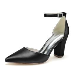 GHSIRUEU Damen Spitzschuh Komfort Stämmiger Absatz Blockabsatz Knöchelriemen Schnalle Satin Hochzeitsschuhe Brautschuhe,Schwarz,35 EU von GHSIRUEU