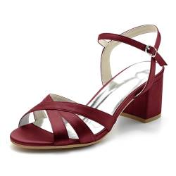 GHSIRUEU Hochzeitsschuhe Damen Sandaletten Knöchelriemen Offener Zehen Sommerschuhe mit Blockabsatz 6 cm,Burgundy,40 EU von GHSIRUEU