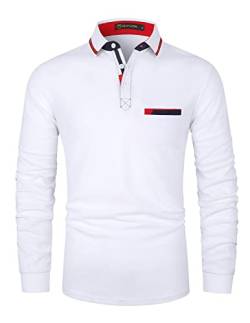 GHYUGR Poloshirts für Herren Baumwolle Langarm Casual T-Shirt Kontrastblende Polohemd,Weiß,XL von GHYUGR