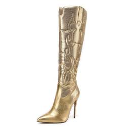 GIARO Eldora High Heels Stiefel, Western Texas Cowboy Kniestiefel mit 11cm Stiletto Absatz, Absatzstiefel für Damen, Kniehohe Westernstiefel, Langschaft Cowboystiefel in Größe 38, Gold Matt von GIARO