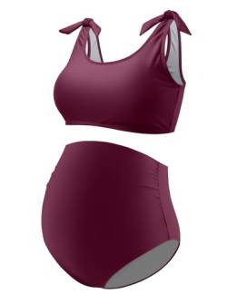 GINKANA Umstands-Bikini-Set, zweiteilig, Schwangerschafts-Badeanzug, Binde-Schultergurte, hohe Taille, Bademode, Schwangerschafts-Badeanzüge, Burgunder, Large von GINKANA