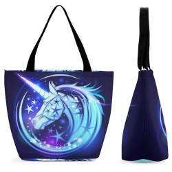 GIOKQB Blaues Einhorn Damen Handtasche Shopper Umhängetasche Schultertasche Tragetasche Mit Reißverschluss 28.5x18x32.5cm von GIOKQB