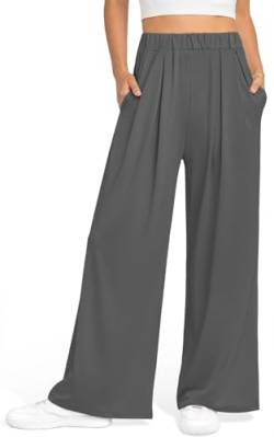 GITVIENAR Damen Hose Locker Freizeithose Outdoor Sporthose Sommerhose Mit Taschen Culotte Weites Bein Sweatpants Sommer Palazzo Hosen Gerade Yogahosen Lässige Beinhose für Indoor (Grau,L) von GITVIENAR