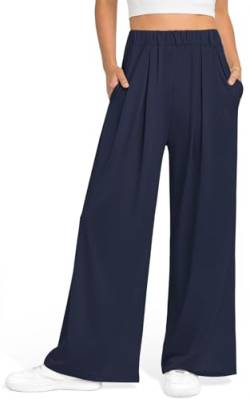 GITVIENAR Damen Hose Locker Freizeithose Outdoor Sporthose Sommerhose Mit Taschen Culotte Weites Bein Sweatpants Sommer Palazzo Hosen Gerade Yogahosen Lässige Beinhose für Indoor (Navy blau,M) von GITVIENAR