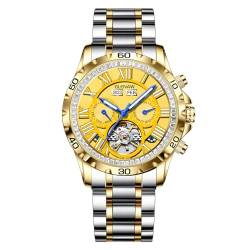 GLENAW Mechanische Armbanduhr, Skelett-Uhr für Herren, Diamant-Zifferblatt, Edelstahl, 30 m, wasserdicht, für Business, Freizeit, Mode, 8973-Gold-Gehäuse, gelbes Zifferblatt von GLENAW