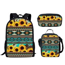 GLENLCWE Kinderrucksack mit Azteken-Sonnenblumen-Druck, für Schule, Jungen, Mädchen, Büchertasche mit isolierter Lunchbox, Federmäppchen, leicht, 3-teiliges Rucksack-Kombi-Set von GLENLCWE