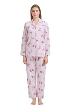 GLOBAL Damen Pyjamaset Baumwolle Schlafanzug Damen Lang Damen Zweiteiliger Nachtwäsche Komfortabel,Rosa Blume Weißer Hirsch,M von GLOBAL