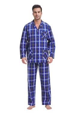 GLOBAL Herren Schlafanzug Lang Zweiteiliger' Pyjamaset Baumwolle Button Down Nachtwäsche Herren Pjs Set Oberteil & Hose Loungewear Nightwear Set Blau Schwarz Kariert,S von GLOBAL