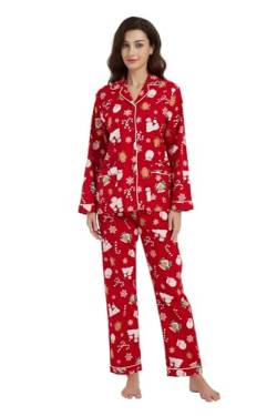 GLOBAL Schlafanzüge Damen Flanell Baumwolle Damen Pyjama Set Zweiteiliger Nachtwäsche Damen Pjs Set Lang Knopfleiste vorne und Kordelzug Weihnachtskeks-Lebkuchenmänne XL von GLOBAL