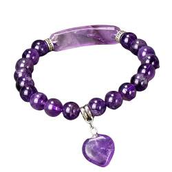 GMVVAC Naturstein Armband Damen, Armbänder Aus Natürlichem Edelsteinkristall, Elegantes, Quadratisches Perlenarmband Aus Amethyst Mit Herzanhänger, Glücksbringer, Stretch-Armband Für Fr von GMVVAC