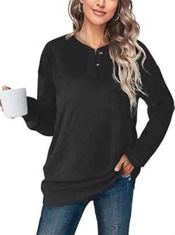 GOLDPKF Sweatshirt Damen Pullover Ohne Kapuze Knopfleiste Langarm O Ausschnitt Herbst Mode Einfarbige Oberteile Fledermaus Pullover Damen Schwarz von GOLDPKF