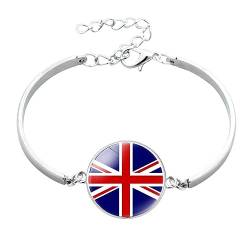 GONMFKM Modisches Uk-Flaggen-Armband – Glaskuppel-Cabochon-Charm-Knopf-Armreif, Europa-Flagge-Armband, Verstellbares Armband, Souvenir, Geschenk, Accessoires Für Männer Und Frauen, Weiß, Lang 16 Cm von GONMFKM