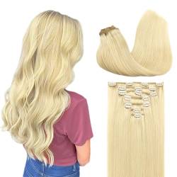 GOO GOO Clip in Extensions Echthaar, Echthaar Extensions Clip, 50cm 120g 7pcs, Extensions Echthaar, Haarverlängerung Echthaar, 613R1 Bleichen Blond von GOO GOO