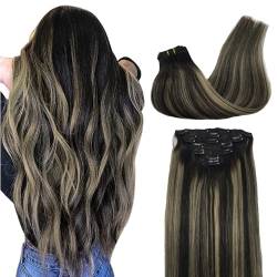 GOO GOO Clip in Extensions Eechthaar, 55cm 120g 7pcs, #1B/19/1B Naturschwarz Gemischt Hellblond, Remy Clip in Haarverlängerung Natürliche Extensions Echthaar von GOO GOO