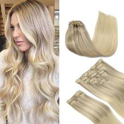 GOO GOO Clip in Extensions Eechthaar, 40cm 150g 9pcs, 17/22/60 Aschblond bis Goldblond und Platinblond, Remy Clip in Haarverlängerung Natürliche Extensions Echthaar von GOO GOO