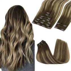 GOO GOO Clip in Extensions Eechthaar, 45cm 150g 9pcs, 4/26/4 Schokoladenbraun Gemischter Honig Blond, Remy Clip in Haarverlängerung Natürliche Extensions Echthaar von GOO GOO