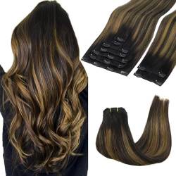 GOO GOO Clip in Extensions Echthaar, 45cm 150g 9pcs, #1B/6/1B Naturschwarz Gemischt Kastanienbraun, Remy Clip in Haarverlängerung Echthaar Natürliche Echthaar Extensions Clip von GOO GOO