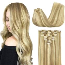 GOO GOO Clip in Extensions Echthaar, 60cm 120g 7pcs, #16/22A Hellblond Hervorgehobenes Goldblond, Remy Clip in Haarverlängerung Echthaar Natürliche Echthaar Extensions Clip von GOO GOO