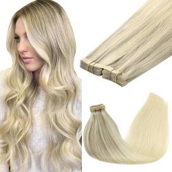 GOO GOO Tape in Extensions Echthaar, 40pcs 100g 60cm Aschblond bis Goldblond und Platinblond, Tape Extensions Echthaar Invisible Tape Extensions Echthaar von GOO GOO