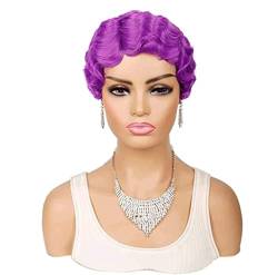 Perücken Cosplay Kurze Finger Gewellte Lockige Perücken Retro Afrikaner Für Schwarze Frauen Synthetische Perücke Pixie Cut Perücke Perücke für Tägliche Party (Color : Pueple, Size : A) von GOOPEEG