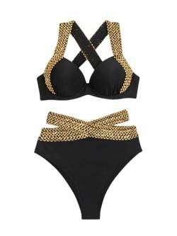 GORGLITTER Bikini Damen Set Cut Out Bikini Mit Bügel Bikini Push Up Elegant Bikini Mit Pailletten Zweiteiler Badeanzug Bademode Schwarz M von GORGLITTER