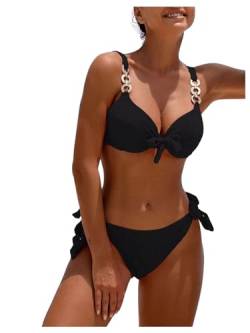 GORGLITTER Bikini Damen Set Push Up Sexy Bikini Mit Ketten Sommer Bikini Mit Bügel Zweiteiler Badeanzug Bademode Schwarz L von GORGLITTER