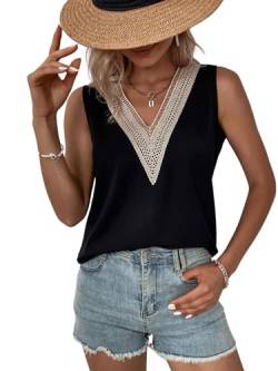 GORGLITTER Bluse Mit Spitze Damen Elegant V Ausschnitt Blusen Ärmelloses Blusentop Sommer Blusenshirt Schwarz L von GORGLITTER