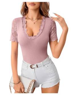 GORGLITTER Body Damen Elegant Bodysuit mit Spitzen Strick Bodys Bodies Kurzarm Oberteil mit V-Ausschnitt Grau-Rosa S von GORGLITTER