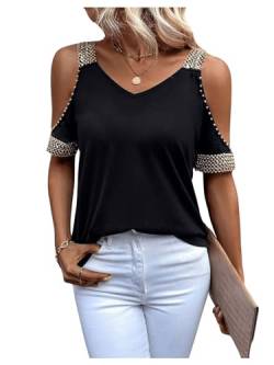 GORGLITTER Cold Schulter Oberteile Damen Cut Outs T-Shirt Kurzarm Top Casual Oberteil mit Pailletten Schwarz L von GORGLITTER