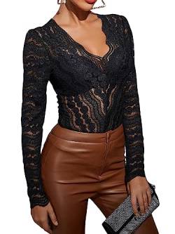 GORGLITTER Damen Durchsichtig Spitzen Dirndlblusen Langarm Spitzentop Trachtenbluse für Oktoberfest Party Outfit Oberteile Schwarz S von GORGLITTER